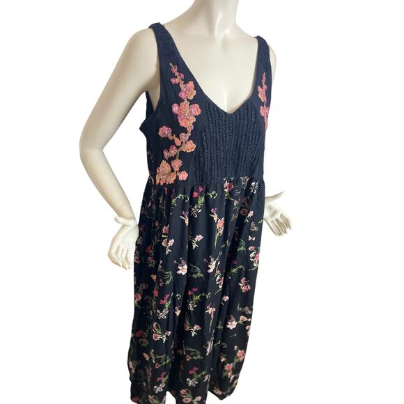 Anthropologie MIDI Dress Size Small Sleeveless Lola  Embroidered Floral Black - Picture 3 of 11